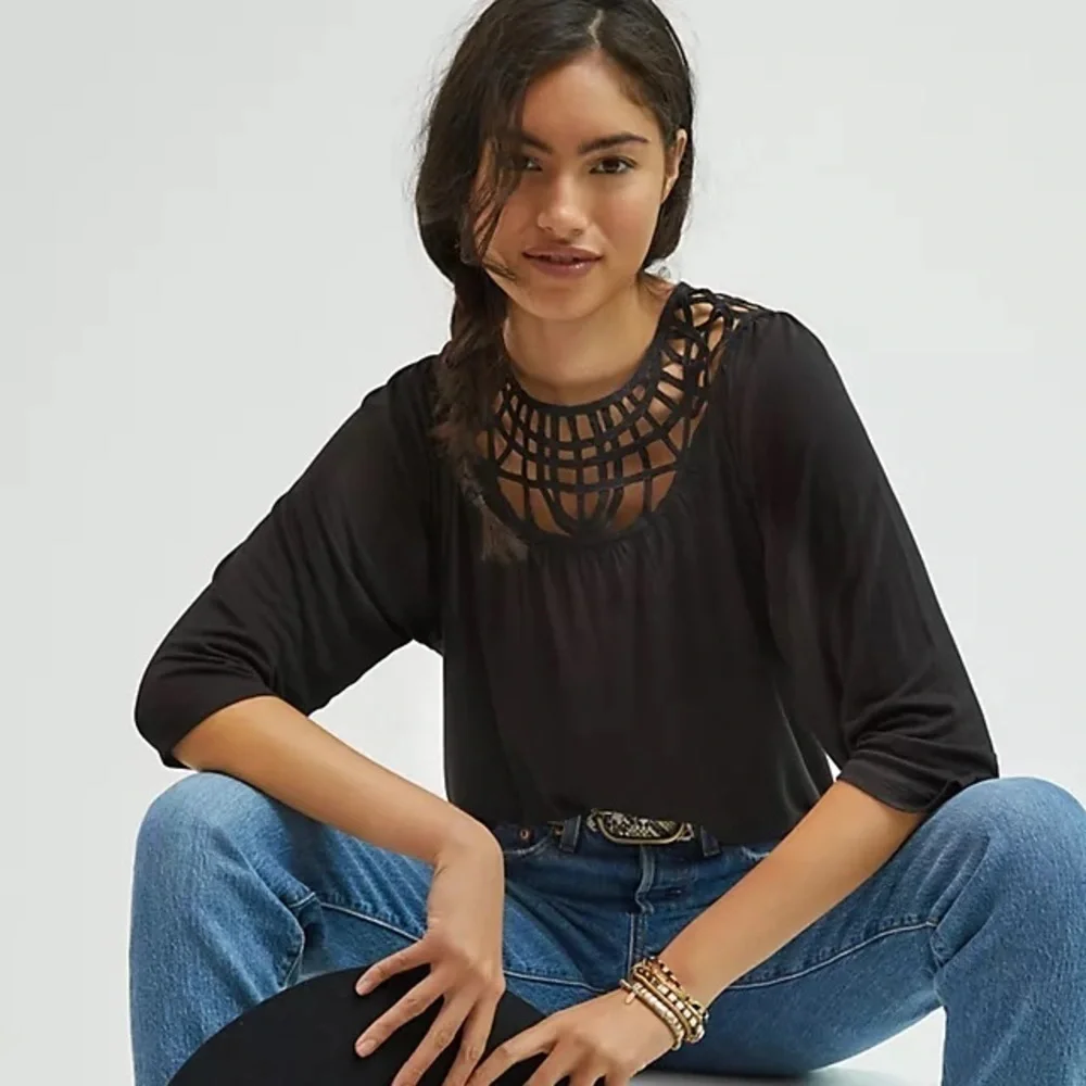 Anthropologie Black Embroidered Lace Bib Top Size XS